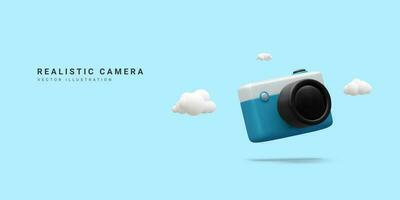 3d realistisch Kamera isoliert auf Blau Hintergrundzeit zu Reise Konzept im minimal Stil mit Kopieren Raum. Vektor Illustration
