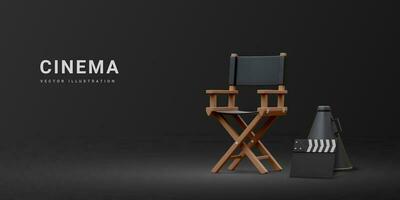 3d realistisk film industri begrepp. bio produktion design begrepp. direktör stol, clapperboard och megafon i volumetriska ljus på svart bakgrund. vektor illustration