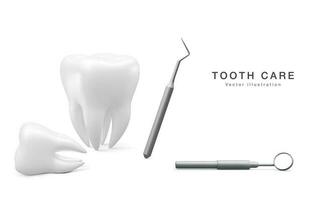 realistisk tand, dental sond och dental spegel för tänder isolerat på vit bakgrund. medicinsk tandläkare verktyg. tandvård, sjukvård, hygien begrepp. vektor illustration