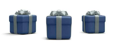 einstellen von 3d realistisch Blau Geschenk Kisten mit Silber Band isoliert auf Weiß Hintergrund. Überraschung Boxen. Vektor Illustration