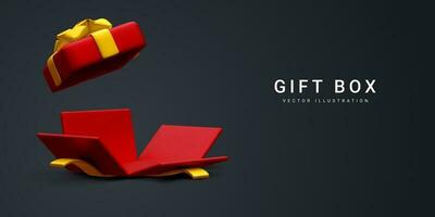 3d realistisch öffnen Geschenk Box isoliert auf dunkel Hintergrund. Sieg Preise Konzept. Vektor Illustration