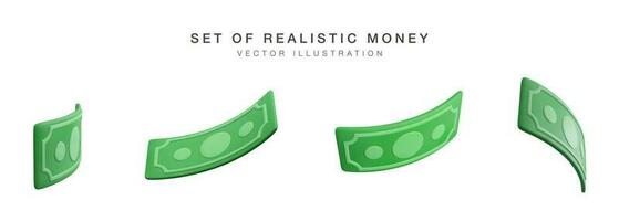 realistisk sedel valuta i tecknad serie stil. 3d grön papper dollar. uppsättning av vriden pengar. vektor illustration