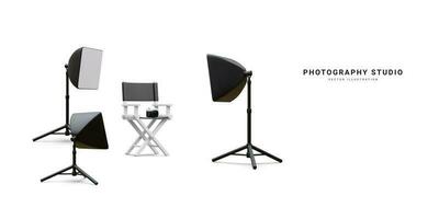 3d realistisch Innere von modern Foto Studio mit Stuhl, Kamera und Fachmann Beleuchtung Ausrüstung. leeren Fotografie Studio mit Scheinwerfer. Vektor Illustration