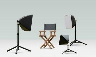 3d realistisch Innere von modern Foto Studio mit Stuhl und Fachmann Beleuchtung Ausrüstung. leeren Fotografie Studio mit Scheinwerfer. Vektor Illustration