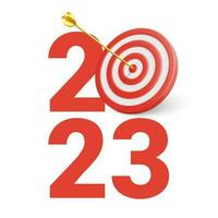 ny år realistisk mål och mål med symbol av 2023 från röd mål och pilar. mål begrepp för ny år 2023. vektor illustration
