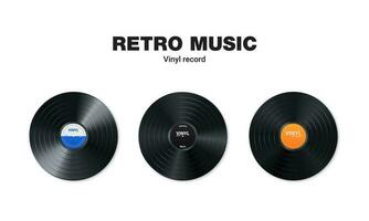 vinyl musik spela in uppsättning. design av retro audio disk. realistisk årgång grammofon skiva med omslag mockup. vektor illustration
