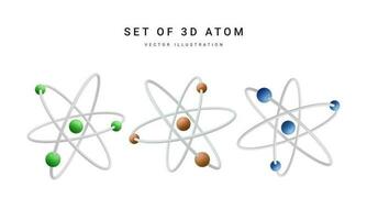 einstellen von 3d realistisch Atom mit Orbital Elektronen isoliert auf Weiß Hintergrund. nuklear Energie, wissenschaftlich Forschung, molekular Chemie, Physik Wissenschaft Konzept. Vektor Illustration