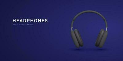 3d realistisch schwarz Kopfhörer isoliert auf dunkel Hintergrund. Banner zum Werbung kabellos Kopfhörer. Vektor Illustration