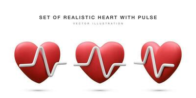 einstellen von 3d realistisch rot Herz mit Weiß Impuls zum medizinisch Apps und Webseiten. medizinisch Gesundheitswesen Konzept. Herz Impuls, Herzschlag Linie, Kardiogramm. Vektor Illustration