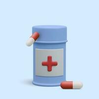 3d realistisch Pille Flasche mit Behandlung Medikation Kapsel Pille isoliert auf Weiß Hintergrund. Medizin Gesundheit Konzept. Vektor Illustration