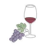 Wein Glas mit Traube gezeichnet im einer kontinuierlich Linie im Farbe. einer Linie Zeichnung, Minimalismus. Vektor Illustration.