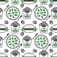 Vektor Muster abbilden schnell Essen, Hamburger, Zwiebel Ringe, Garnele, Grüner Salat. ein einstellen von schnell Essen Zeichnungen auf ein Weiß Hintergrund. Ideal zum Speisekarte Design oder Essen Verpackung.