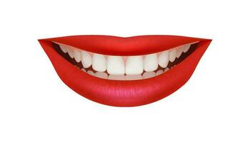 3d Illustration von realistisch rot Lippen mit ein hell und schön lächeln. perfekt zum Kosmetik, Mode, bilden. realistisch Weiß gesund Zähne zum Stomatologie. Wesen von Liebe, Schönheit, und bilden. vektor