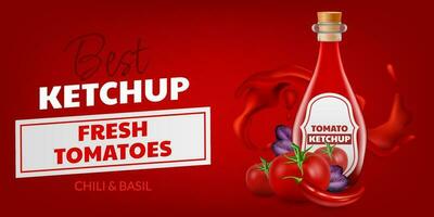 3d Vektor Illustration mit ein realistisch Flasche von aromatisch Tomate Ketchup mit Basilikum, frisch Tomate. das Bild ist perfekt zum Banner, Hintergründe, Etiketten verbunden zu Essen und Chili würzig Geschmack