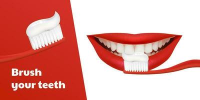 3d Vektor Banner mit ein rot Zahnbürste Bürsten realistisch Zähne mit ein schön lächelnd rot Lippen. zum Dental Ausrüstung, Karies Behandlung. Zahnpasta Förderung, Schutz und Emaille Bleaching