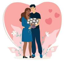 Valentinsgrüße Tag Karte. Mann und Frau umarmen mit Herz auf das Hintergrund. romantisch Illustration. Lieblinge. Dating Menschen zusammen im Beziehung. Blumen. 14 Februar. Vektor. vektor