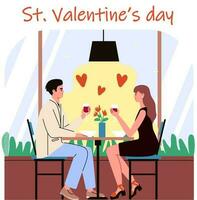 romantisk datum på st valentine dag. man och kvinna dricka vin i de restaurang. 14 februari firande. Lycklig par tillsammans. älsklingar. platt tecknad serie vektor. vektor