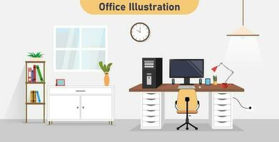 Innen- Zuhause Büro Innere. Büro Arbeitsplatz Möbel Innere Konzept. Vektor eben Grafik Design Karikatur Illustration.