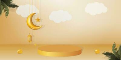 Podium Plattform islamisch eid Hintergrund, eid Mubarak 3d Podium mit hängend Halbmond und Lampe Vorlage. vektor
