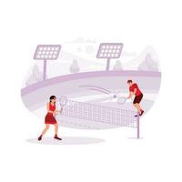 zwei Tennis Spieler sind spielen beruflich auf ein Tennis Gericht mit schattig Bäume und Beleuchtung. Trend modern Vektor eben Illustration.