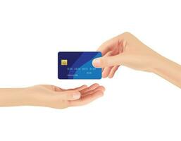 realistisk hand ger en kreditera kort till Övrig hand. illustration handla om snabbt betalning. vektor