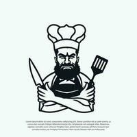 galen mustasch och skägg, allvarlig kock i vapen korsade utgör med knive och spatel. kock laga mat i hatt. svart och vit vektor illustration, för logotyp eller restaurang branding