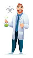 Wissenschaftler Professor tragen Labor Mantel halten Prüfung Rohre. Vektor Karikatur Charakter