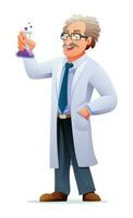 Wissenschaftler Professor tragen Labor Mantel halten ein Prüfung Rohr. Vektor Karikatur Charakter Illustration