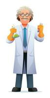 Wissenschaftler Professor tragen Labor Mantel halten Prüfung Rohre. Vektor Karikatur Charakter Illustration