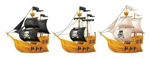 einstellen von hölzern Pirat Schiff Illustration. Karikatur Segeln Schiff isoliert auf Weiß Hintergrund vektor