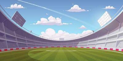 Fußball Stadion Perspektive Hintergrund mit Grün Rasen, Blau Himmel Vektor Illustration