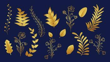 guld gren blad element uppsättning. hand dragen skiss klotter gyllene löv blommig element för bröllop bakgrund, elegant design. vektor illustration.