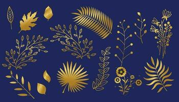 Gold Ast Blatt Element Satz. Hand gezeichnet skizzieren Gekritzel golden Blätter Blumen- Element zum Hochzeit Hintergrund, elegant Design. Vektor Illustration.