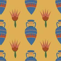 uralt ägyptisch thematisch Vektor nahtlos Muster mit Vasen und Lotus Blumen auf Gelb