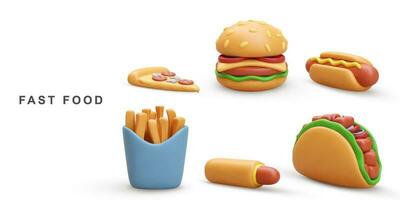 3d realistisch Hamburger, Pizza, heiß Hund, Taco und Fritten Kartoffeln auf Weiß Hintergrund. Vektor Illustration.