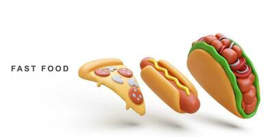 3d realistisch heiß Hund, Taco und Pizza auf Weiß Hintergrund. Vektor Illustration.