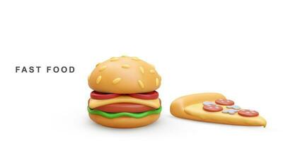 3d realistisk hamburgare och pizza på vit bakgrund. vektor illustration.