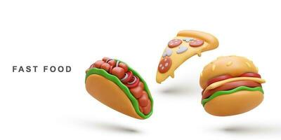 3d realistisk pizza, hamburgare och taco på vit bakgrund. vektor illustration.