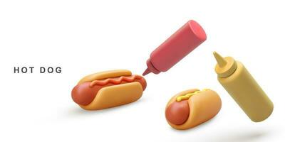 3d zwei heiß Hund und Ketchup, Senf Ketchup auf Weiß Hintergrund. Vektor Illustration.
