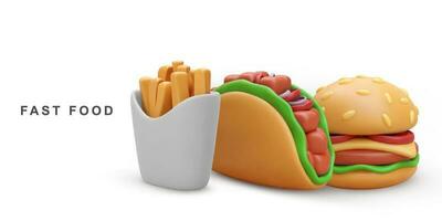 3d realistisch Hamburger, Französisch Fritten und Taco. Vektor Illustration.