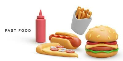 3d realistisch Hamburger, Pizza, heiß Hund, Ketchup und Fritten Kartoffeln auf Weiß Hintergrund. Vektor Illustration.