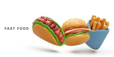 3d realistisk hamburgare, franska frites och taco på vit bakgrund. vektor illustration.