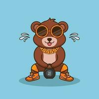 süß Logo Bär Heben Kettlebell Vektor Design. Fitnessstudio trainieren Maskottchen, süß Aufkleber, Karikatur Stil