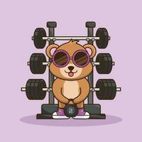 Bär Tier Heben Kettlebell Vektor Design. süß Aufkleber, Fitnessstudio trainieren Maskottchen, Karikatur Stil