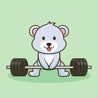 Bodybuilder, süß Bär Heben Hantel. Fitnessstudio trainieren Maskottchen Logo, süß Aufkleber, Karikatur Stil vektor