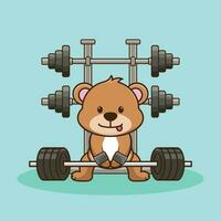 Bodybuilder, Maskottchen Logo Bär Heben Hantel. Fitnessstudio trainieren Maskottchen, süß Aufkleber, Karikatur Stil vektor