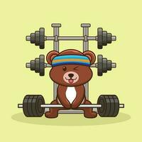 Gewichtheben, süß Bär Heben Hantel. Fitnessstudio trainieren Symbol, Maskottchen Logo, süß Aufkleber, Karikatur Stil vektor