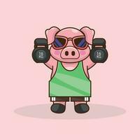 sportlich Schwein im cool Sonnenbrille und Grün Uniform, ein Karikatur Illustration Heben Kettlebells vektor