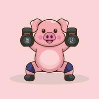 komisch und süß Schwein Karikatur Illustration in Angriff nehmen das Kettlebells vektor