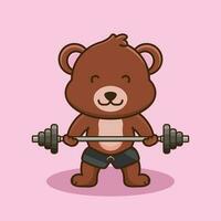 Bodybuilding, süß Maskottchen Bär Heben Hantel. Fitnessstudio trainieren Symbol, süß Aufkleber, Karikatur Stil vektor